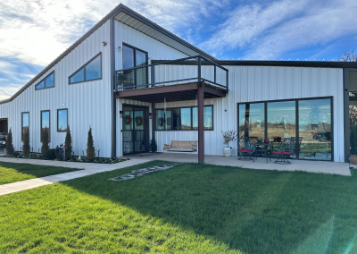The front view of a completed barndominium