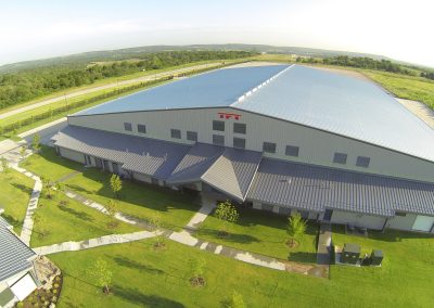 External view of a newly built manufacturing/industrial building complex (birds-eye view)